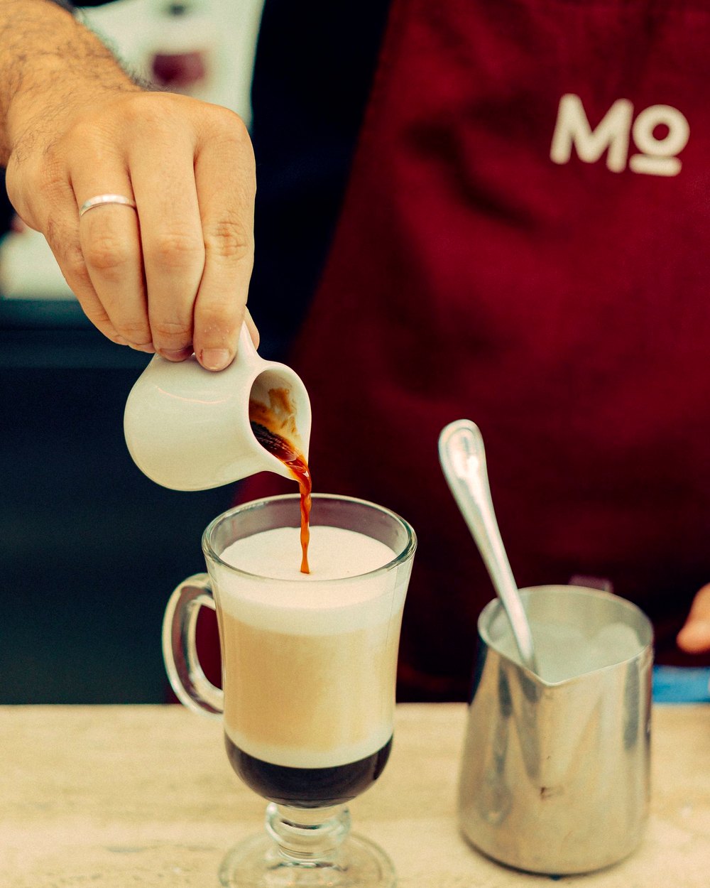 Caffe latte in a glass at the Hendon cafe
